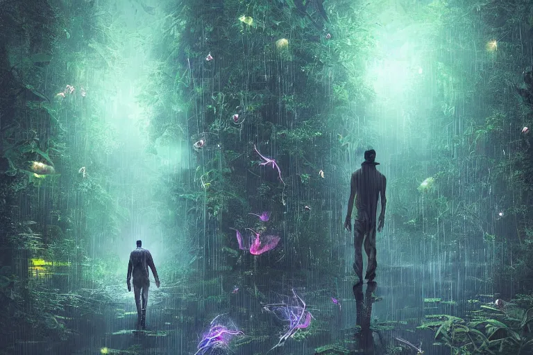 Image similar to digital art of a surreal dark jungle, astronaut walking, mysterious crazy world, talking creatures, raining, night, fireflies