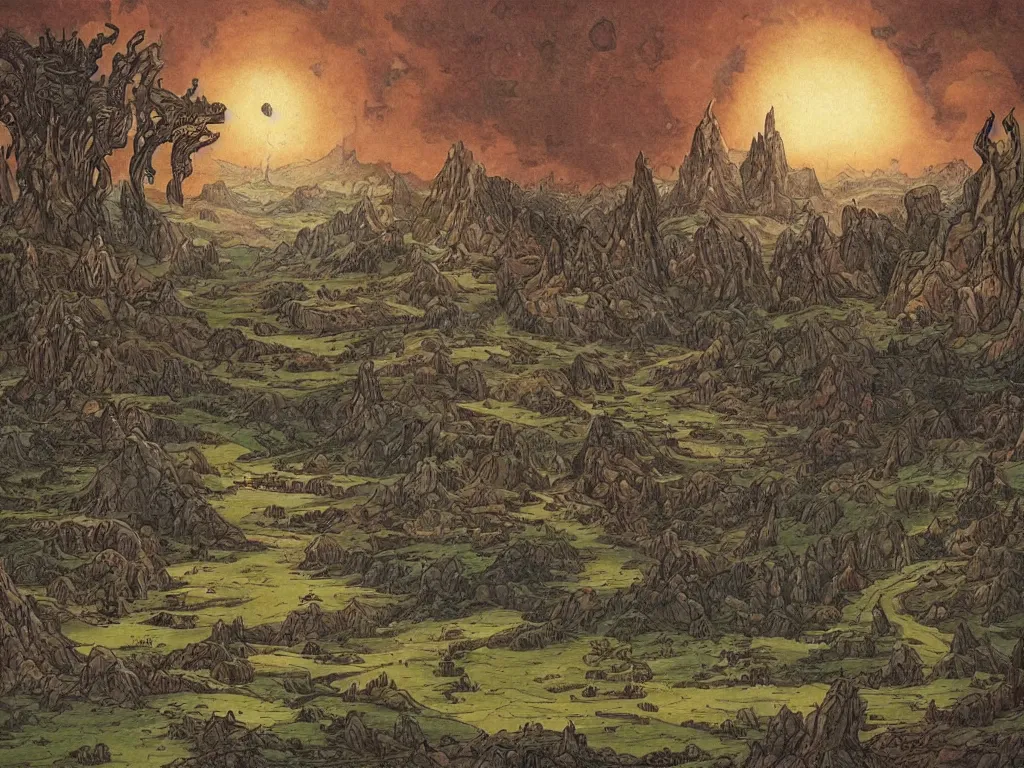 Image similar to fantasy landscape made by moebius with a 8 eyed humanoid god dealing cards over a medieval field