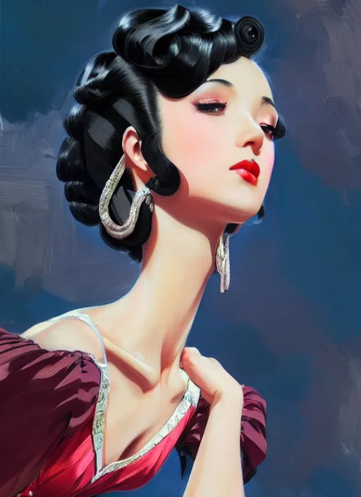 Image similar to a beautiful dancer with black hair in 1940's fashion, ballroom background, intricate, highly detailed, digital painting, artstation, official media, anime key visual, concept art, rich vivid colors, ambient lighting, sharp focus, illustration, art by Artgerm, Makoto Shinkai, Ilya Kuvshinov, Lois Van Baarle, and Rossdraws