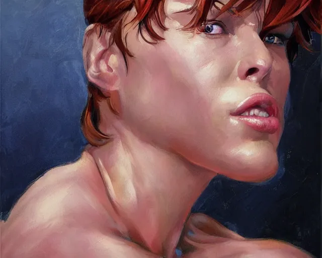 Image similar to greg manchess portrait painting of milla jovovich as beautiful thick female bodybuilder champion zarya from overwatch, medium shot, asymmetrical, profile picture, organic painting, sunny day, matte painting, bold shapes, hard edges, street art, trending on artstation, by huang guangjian and gil elvgren and sachin teng