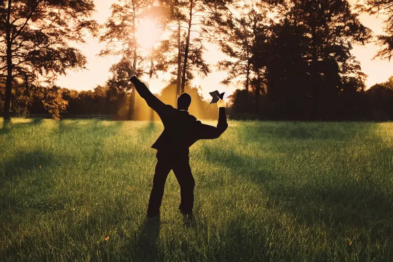 Image similar to a man made of origami dancing, dramatic lighting, with bokeh effect in a sunny meadow