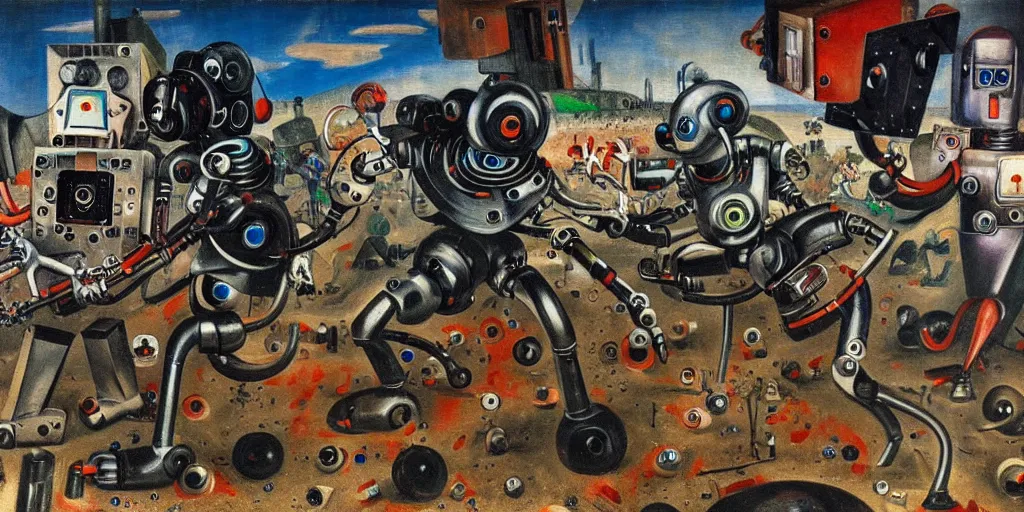 Prompt: scene from future robot battle, painting by otto dix, 8 k