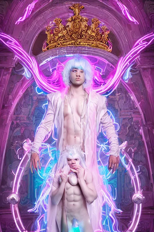 Prompt: full-body rococo and cyberpunk delicate neon crystalline sculpture of ((young muscular golden albino prince Joe Jonas)) as an iridescent humanoid deity wearing ((peach plastic hooded cloak)) (holding a human skull) in a white castle dungeon, reclining, glowing pink face, crown of (pink lasers), large blue diamonds, swirling black silk fabric. futuristic elements. oozing glowing liquid, full-length view. space robots. intricate artwork by caravaggio. Trending on artstation, octane render, cinematic lighting from the right, hyper realism, octane render, 8k, depth of field, 3D