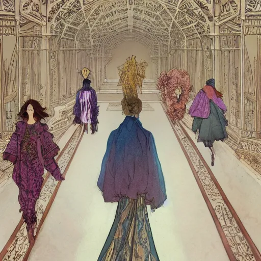 Image similar to a beautiful intricate watercolor illustration of a fashion show with runaway, 4 k, ultra - wide angle, by william turner, by victo ngai, by alphonse mucha, by moebius, by gustave dore, hd, trending on artstation, hyper detailed, muted intense colors