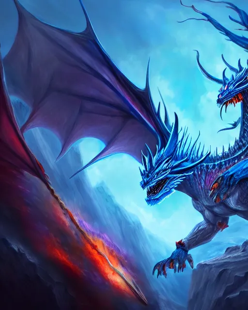 Prompt: a fantasy fire and ice dragon, blizzard concept artists, magic the gathering, detailed, trending on artstation, deviantart, 8k, vibrant, high res