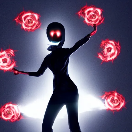 Image similar to Woman made of black flames, wearing a strict business suit, with no face, with glowing red eyes, with a red halo over her head, with red halo glowing out of her wrists, looking off to the side, growing out of a giant rose, rose petals flying in the wind, war, authoritarian, tense, madness combat, strong dramatic cinematic lighting , blood red sky, grey skin, smooth, sharp focus, extremely detailed, illustration, digital painting, artstation, indieground, sharp focus, by Godmachine, alphonse mucha''