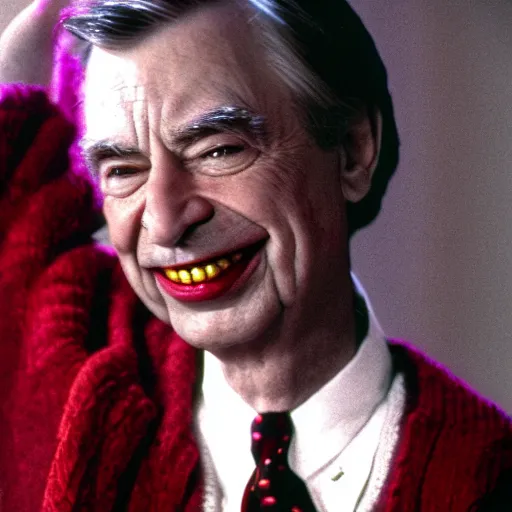 Image similar to stunning awe inspiring mr. rogers as the joker, movie still 8 k hdr atmospheric lighting