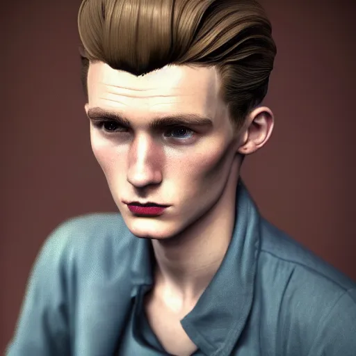 Prompt: A videogame portrait of a young Irish man with high cheekbones. Good bone structure. Dressed in 1940s style. (Hazel hair). Highly detailed, fine Art, high detail, great lighting, 8k resolution, masterpiece, concept art, illustration, clear eyes, painting oil on canvas, octane render, HDR, trending on artstation, 4k, 8k, HD