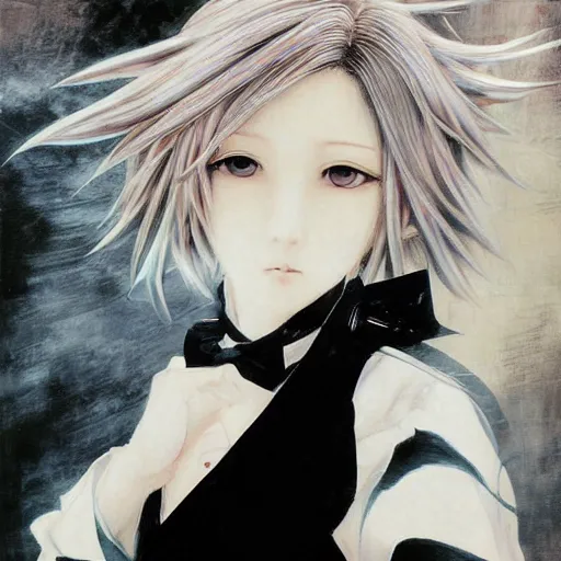 Image similar to Yoshitaka Amano realistic illustration of an anime girl with short white hair and black eyes wearing tuxedo, abstract black and white background, film grain effect, highly detailed, Renaissance oil painting