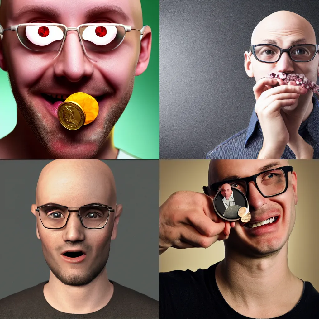 Prompt: nerdy bald young man holding a 5 cent coin in front of his mouth, photorealistic, passionate, 4 k