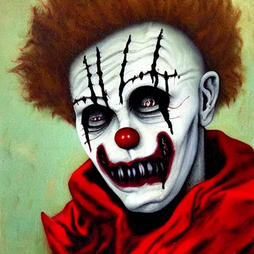 Image similar to nightmare clown drowning in his sorrows and depression, surrealist horror painting with soft, gothic red black and brown colors. soft paint strokes evoking profound sadness, killer clown spiraling into hopelessness. renaissance oil painting, incredibly detailed.
