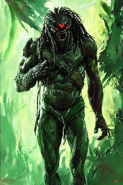 Prompt: pierre emmanuel saubade turned into the predator from 1 9 8 6 movie, artstation, concept art, smooth, sharp focus ilustration hq, painting in the style of leroy neiman, green tones