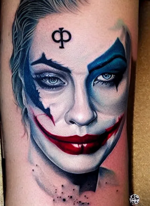 Image similar to tattoo design of margot robbie with joker makeup, ace card, realistic face, black and white, realism tattoo, hyper realistic, highly detailed