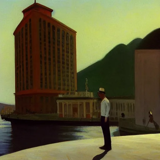 Prompt: rio de janeiro painted by edward hopper, cinematic, character looking away