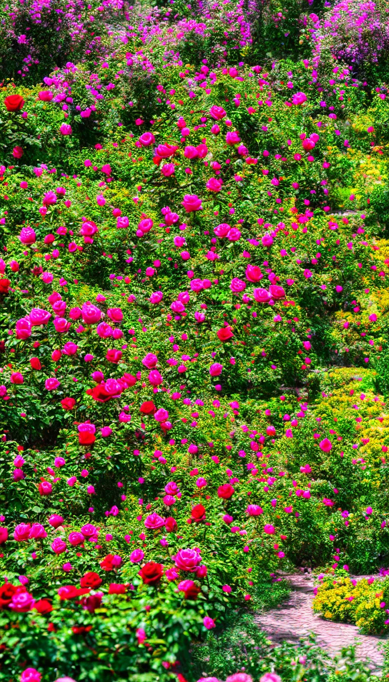 Prompt: highly detailed photo of colorful rose garden on sunny day, hyper realistic, concept art, 8 k detail post - processing