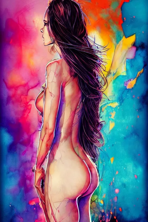 Image similar to sophia vergara by patrice murciano and agnes cecile and enki bilal moebius, intricated details, 3 / 4 back view, bendover posture, full body portrait, extremely luminous bright design, pastel colours, drips, autumn lights