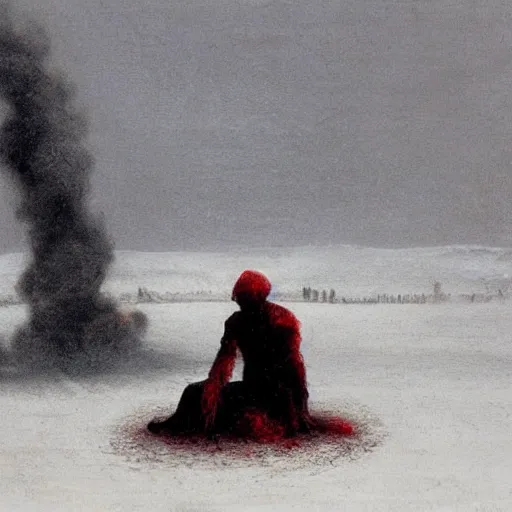 Image similar to closeup of a lonely man in curled up position with black smoke, red women dancing and crying, snowy post apocalyptic field, painting by beksinski
