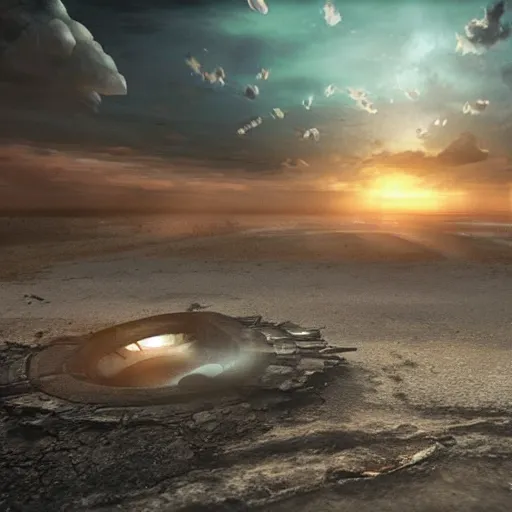 Prompt: hyper realistic, photorealistic render, volumetric lighting, crashed alien spacecraft, sunrise, highly detailed, post apocalyptic, beaches, abandoned, ridley scott style - - aspect 1 6 : 9