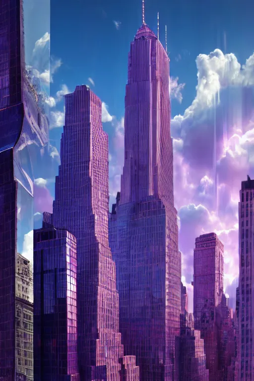 Prompt: of a futuristic photo - realistic new york city with mirrored windows in shiny crystalline : 7, highly symetrical, balanced, purple lightening : 3, octane render, clouds : 2, violet sun : 4, in the style of sahm : 3, hd, ultra - realistic, hyper - realistic, digital art,