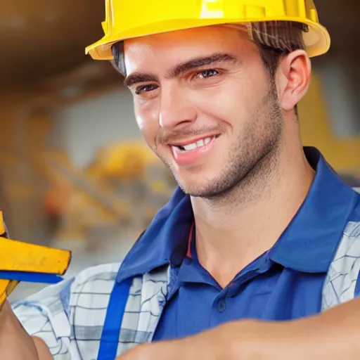 Prompt: a worker wearing hard hat and holding tools logo