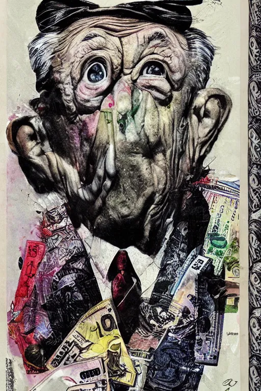 Image similar to George Soros full body shot, dollar bills Body horror, biopunk, by Ralph Steadman, Francis Bacon, Hunter S Thompson