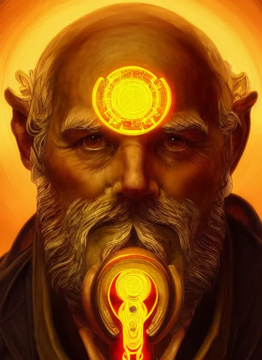 Image similar to the god hephaestus, old man, fiery hair, glowing eyes, volumetric lights, yellow and red scheme, art nouveau botanicals, gothic, intricate, highly detailed, digital painting, artstation, concept art, smooth, sharp focus, symmetric face, illustration, steampunk, art by artgerm and greg rutkowski and alphonse mucha