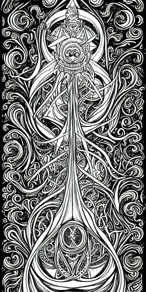 Image similar to a beautiful black and white fractal tarot card featuring bold occult imagery with clean lines. ocean fish cthulhu. detailed adult coloring book