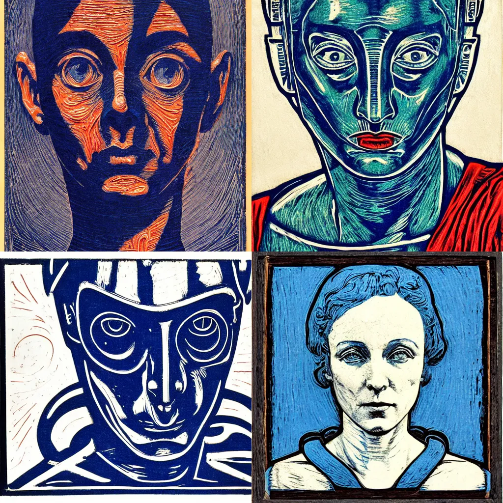 Prompt: portrait, martian realism, woodcut, art nouveau ( 1 9 2 2 ), pyrrol scarlet, titanium white, phthalo blue, stathmore 4 0 0, 3 5 mm, f 3 2, grisaille, luminous