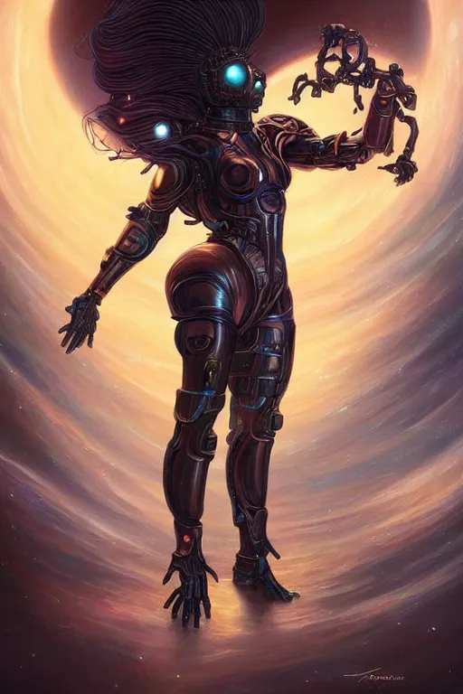 Prompt: Galactic Goddess of Blackholes, long hair, unsettling, creepy, horror, Professional Illustration by ArtGerm and Peter Mohrbacher, Mechanical Armor