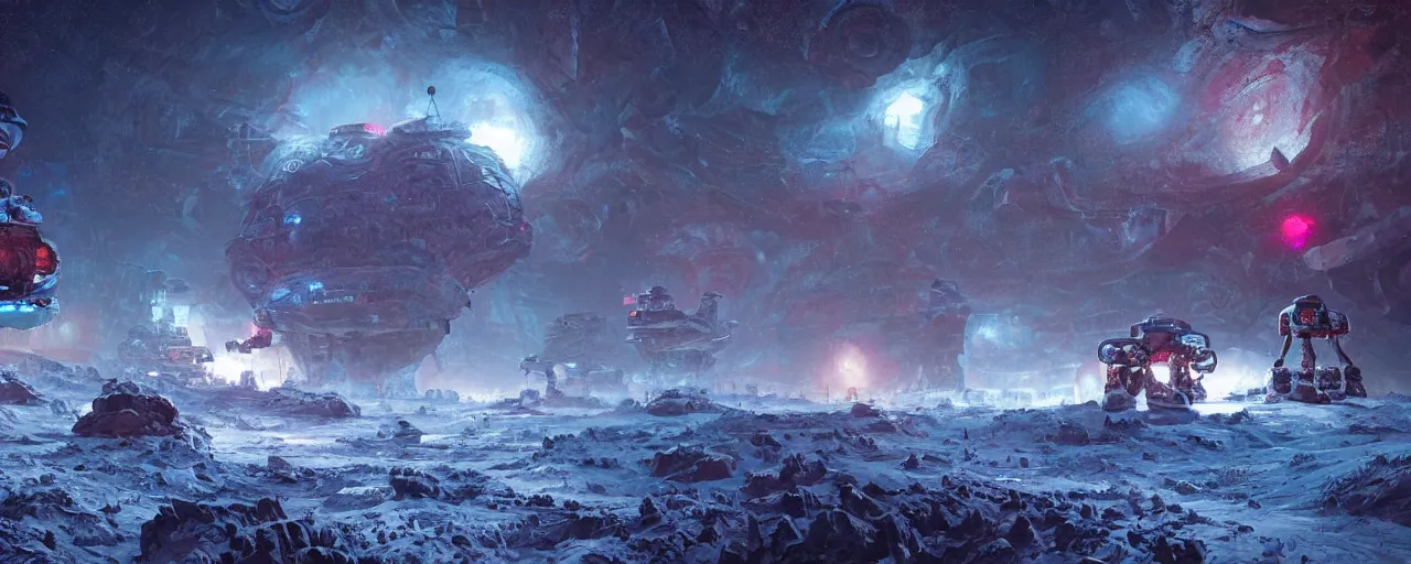 Image similar to outer planet covered with ice, mining robots, art by paul lehr, cinematic, detailed, epic, widescreen, opening, establishing, matte painting, photorealistic, realistic textures, octane render