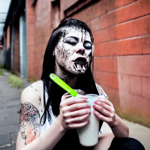 Image similar to close up photo of a fully clothed punk woman on her knees with yoghurt dripping from her face in an alley