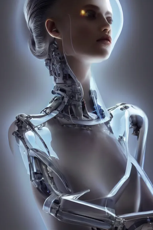 Image similar to a beautiful half body image of a futuristic android with body made of translucent plastic, mechanical internal parts, symmetrical and realistic proportions by Irakli Nadar, tom bagshaw, Charlie Bowater with details by Jason Felix, furio tedeschi, face by ilya kuvshinov, artgerm, cinematic backlit lighting, beauty retouch, elite, photo realistic, octane render, hyper real, ultra detailed, trending on artstation pinterest and deviantart
