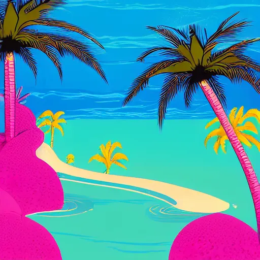 Prompt: illustration of an oasis in a desert, stylized. Hot yellow sand with cyan water with white lines of refraction. Palm trees surround the oasis. Pink blocks are rising out of the water in a row leading from near to far, with vines hanging off them