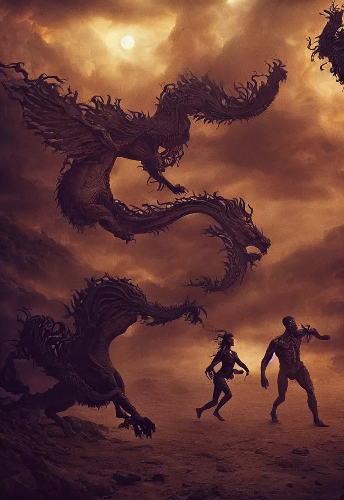 Prompt: people running terrified of the love dragon, high detail, 8k, ornate, dark fantasy, realistic, masterpiece, complex, WLOP, film still from the movie directed by Denis Villeneuve with art direction by Pablo Picasso and Greg rutkowski, centered