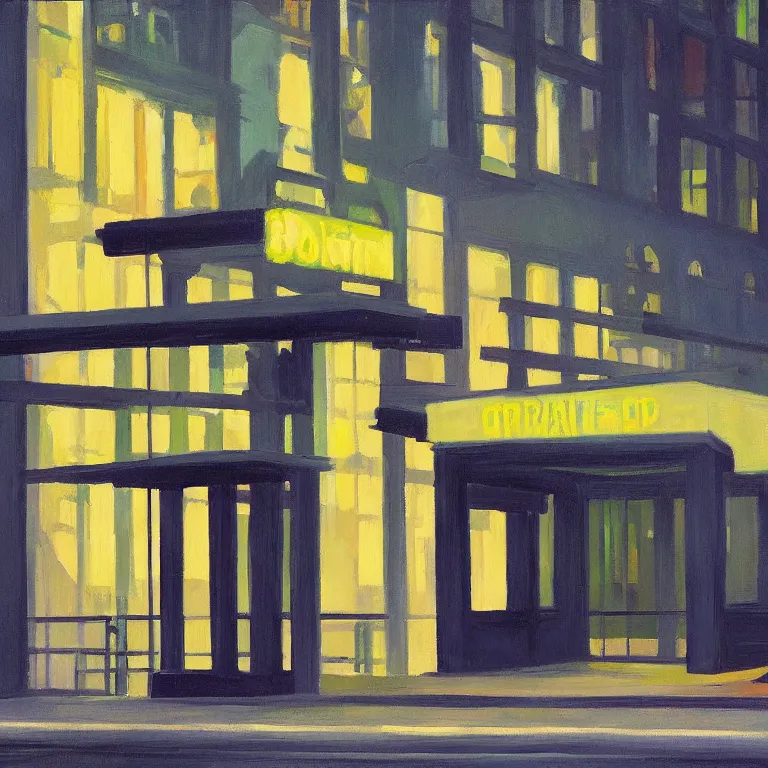 Image similar to dark city bus stop, painted by Edward Hopper and James Gilleard, oil painting