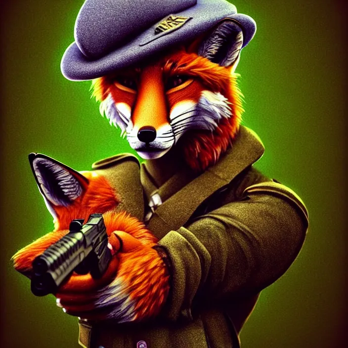 Image similar to hyperrealistic mixed media portrait an anthro fox wearing a beret and pointing a glock at the camera, stunning 3d render inspired art by P. Craig Russell and Barry Windsor-Smith + perfect facial symmetry + dim volumetric lighting, 8k octane beautifully detailed render, post-processing, extremely hyperdetailed, epic composition, grim yet sparkling atmosphere, cinematic lighting + masterpiece, trending on artstation