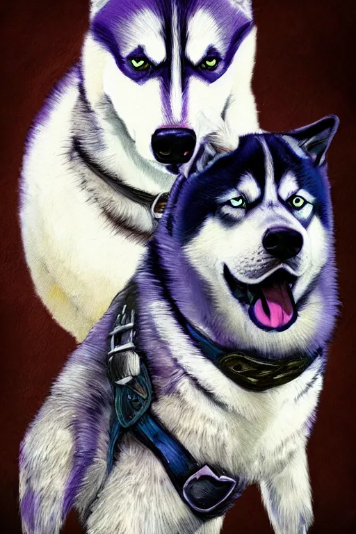 Image similar to a portrait painting of a husky in cowboy costume in the style of anime, a fistful of dollars, character design, humanoid, personify, anthropomorphic