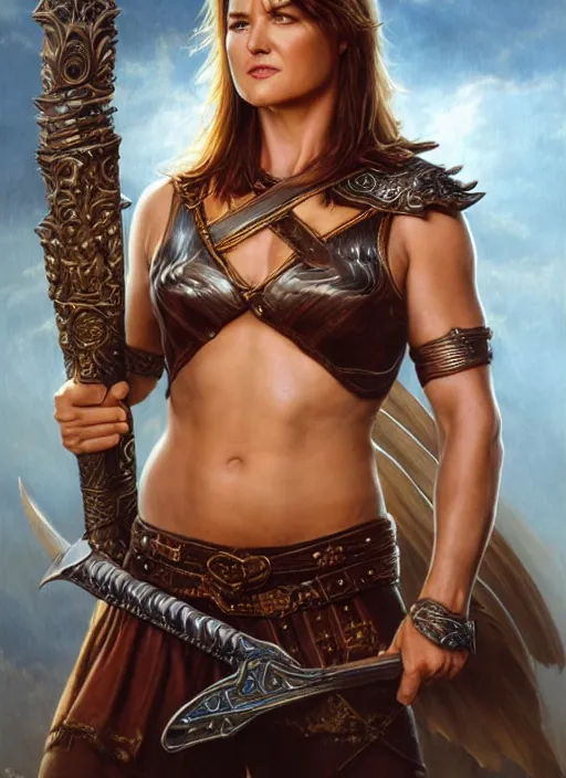 Image similar to Lucy Lawless as Xena as a ruggedly handsome hero holding an enormous large dual wielding sword, intricate, elegant, highly detailed, centered, digital painting, artstation, concept art, smooth, sharp focus, illustration, artgerm, donato giancola, Joseph Christian Leyendecker, WLOP, Boris Vallejo, Artgerm