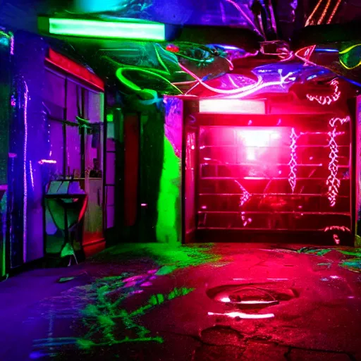 Image similar to entrance to underground rave club, secret, cyberpunk dance music, lights, ambiance