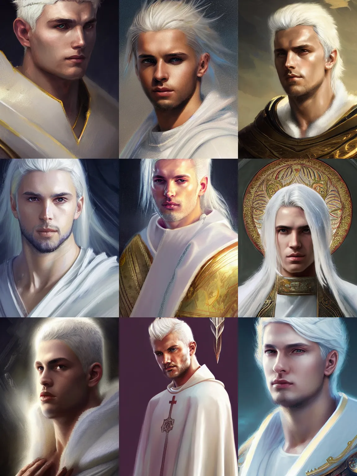 Prompt: closeup portrait of a young beautiful calm and pious male aasimar paladin with white hair wearing white vestments under armor, pensive and hopeful expression, by Greg Rutkowski, intricate, masterpiece, angelic sharp, digital art, halo halo halo halo 8k