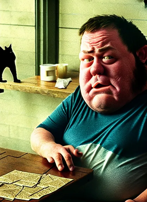 Prompt: A writer sitting down in front of a wooden table, frustrated from his inability to come up with ideas. In front of him balls of discarded papers. To his right a fat cat. Behind him an orc from Lord of the Rings. 70mm, color film photography, highly detailed, grainy masterpiece