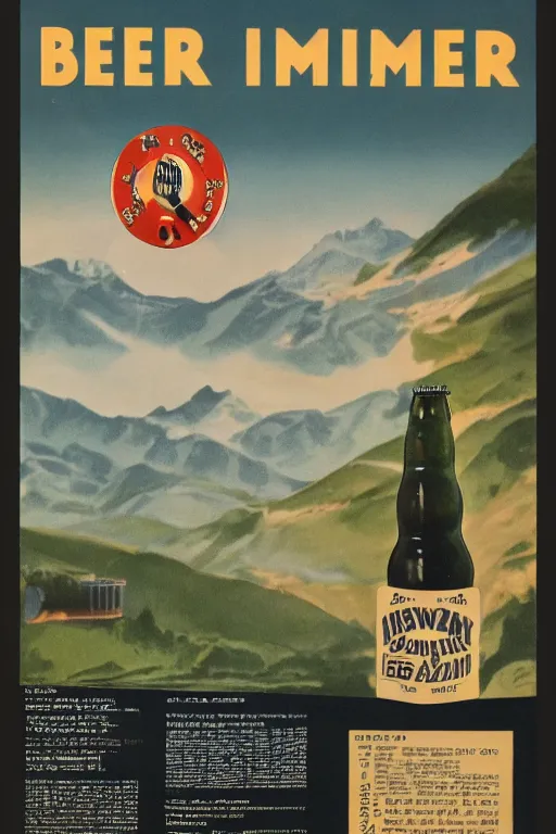 Image similar to 1 9 4 0 s german advertisement of beer, the alps are in the background, unreal engine, global illumination, radiant light, detailed and intricate environment