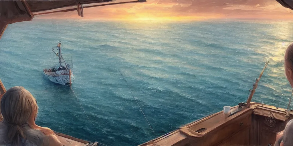 Image similar to looking out a boat window on the water, low angle from water pov, wide angle, sunset, a mediterranean phoenician fishing village in the distance, over a chalk cliff, highly detailed, digital painting, artstation, concept art, sharp focus, illustration, art by artgerm and greg rutkowski and raphael lacoste and magali villeneuve