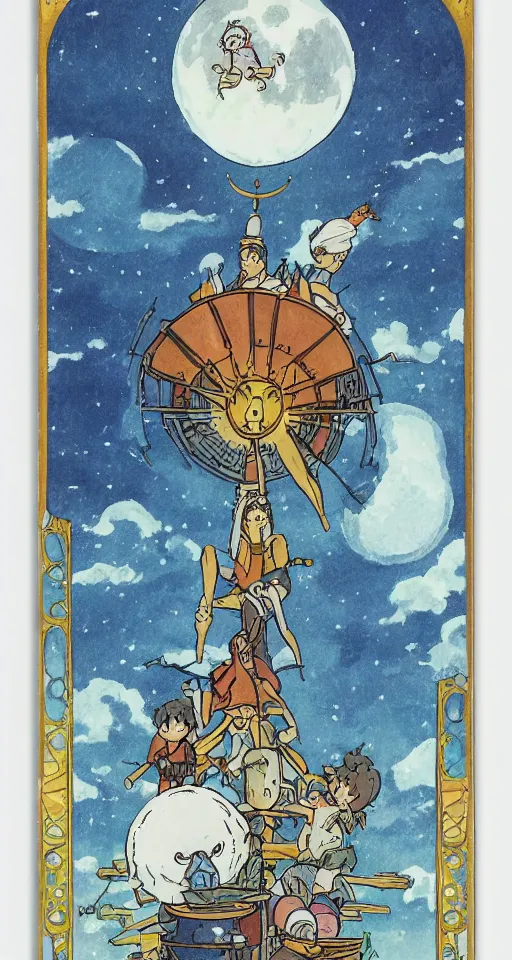 Prompt: the moon tarot card as drawn by studio ghibli, whole card, white frame, concept art, zoom out