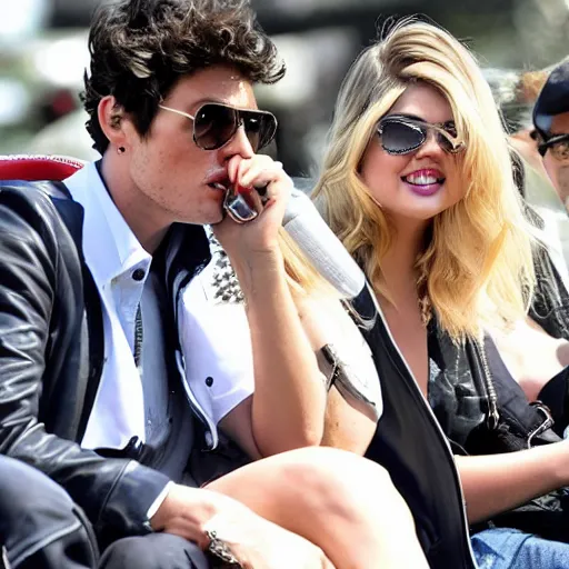 Image similar to kate upton and john mayer are sitting in a convertible driving around while a hip - hop group is playing.