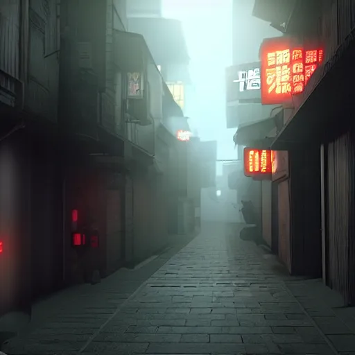 Image similar to a japanese alleyway in the style of blade runner 2049, volumetric lighting,