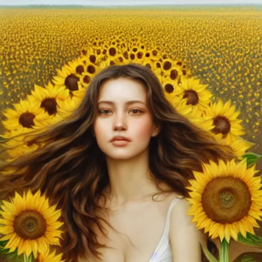 Image similar to a girl slowly walking through amazing tall sunflower field, hair flowing, early morning lighting, elegant, subtle, intricate details, detailed face!, real masterpiece, oil on canvas, by karol bak, ayami kojima, artgerm, smile, concept art, fantasy