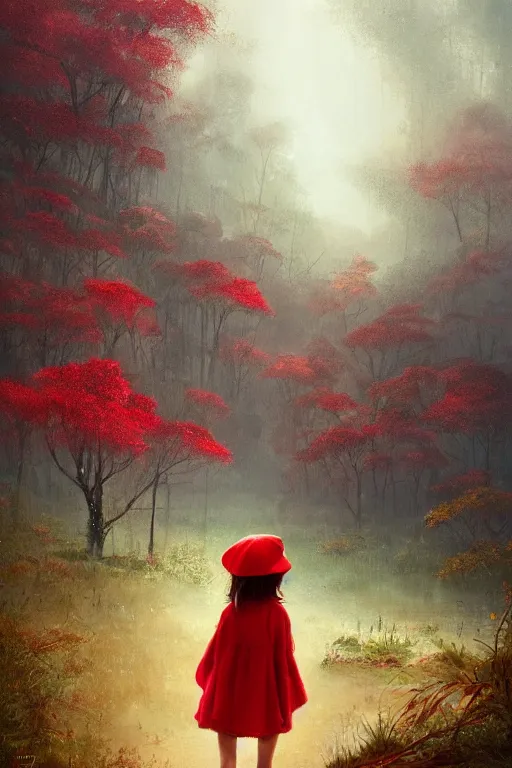 Prompt: a little girl in red hat with a basket ,forest,Distant view,a basket by Bruce Pennington and Ross Tran trending on artstation, trending on deviantart