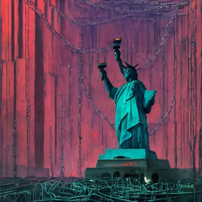 Prompt: statue of liberty in long large chains in underground city, red and purple palette, volume light, fog, by ( h. r. giger ) and paul lehr