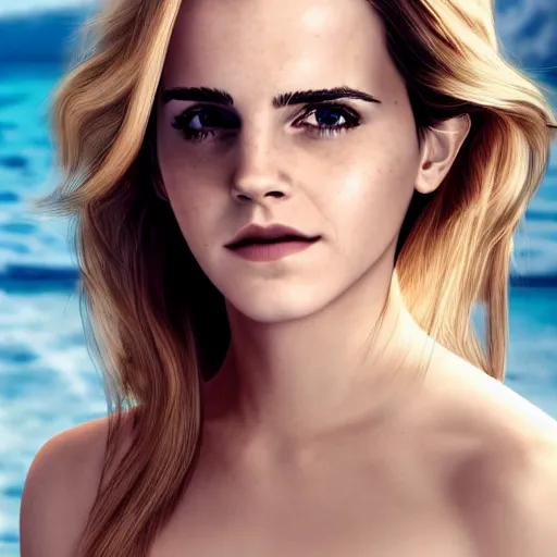 Image similar to a very beautiful mature emma watson, full body, long wavy blond hair, sky blue eyes, full round face, bikini, miniskirt, front view, mid - shot, cute pose, highly detailed, cinematic wallpaper by stanley artgerm lau